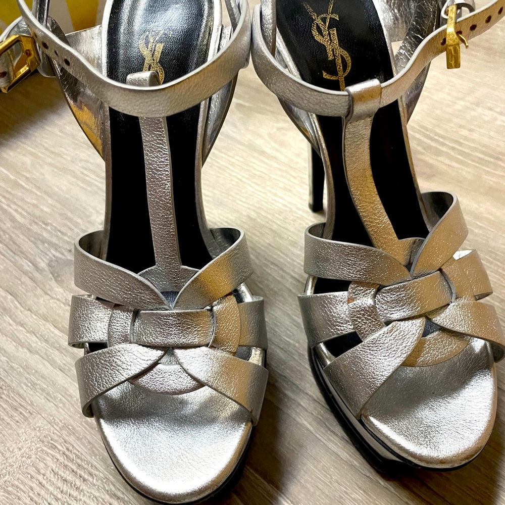 YSL Matte Silver Metallic Tribute Sandal